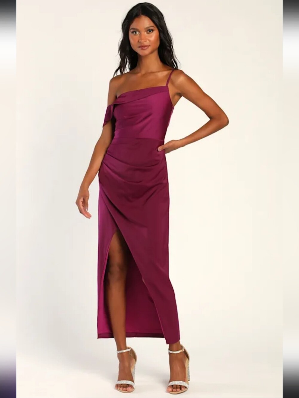 Lulus Showing Off a Little Magenta Asymmetrical Tulip Midi Dress